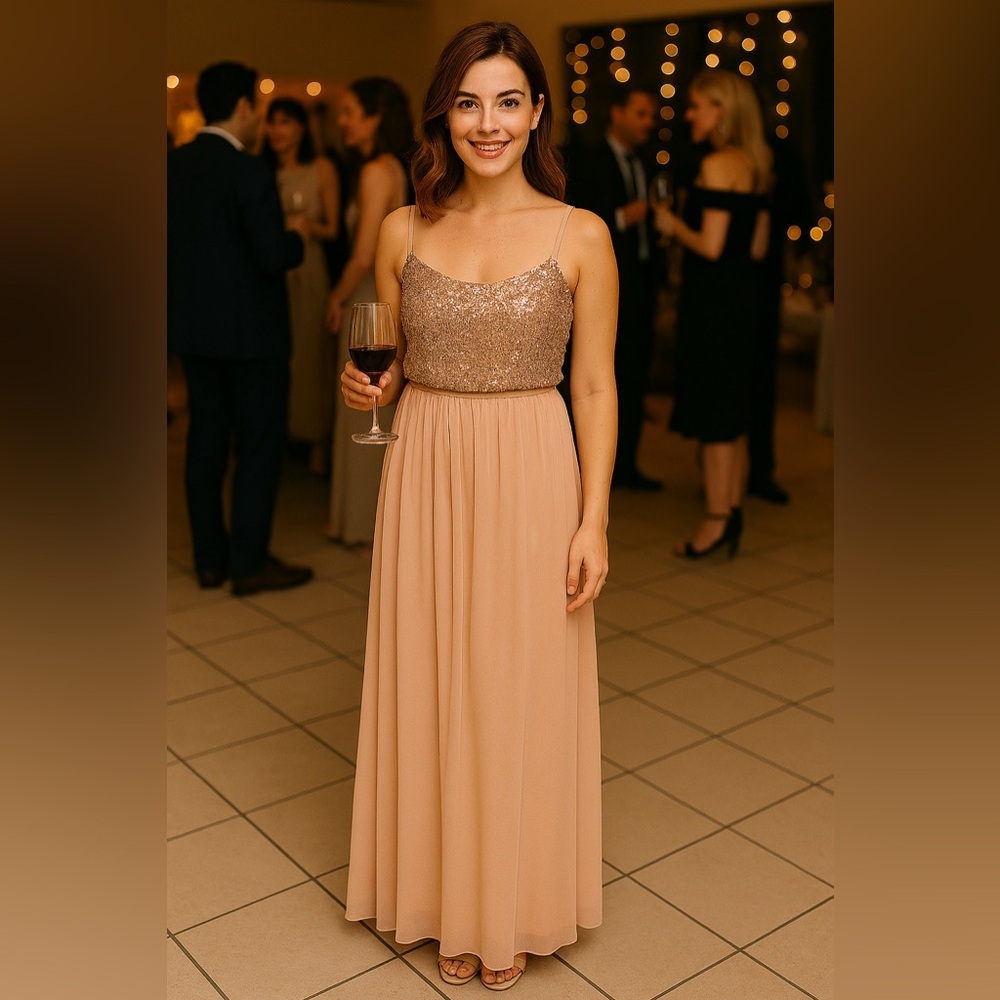 NWT David’s Bridal Sz 0 Formal Dress Long Sequin Chiffon Rose Gold $179 New